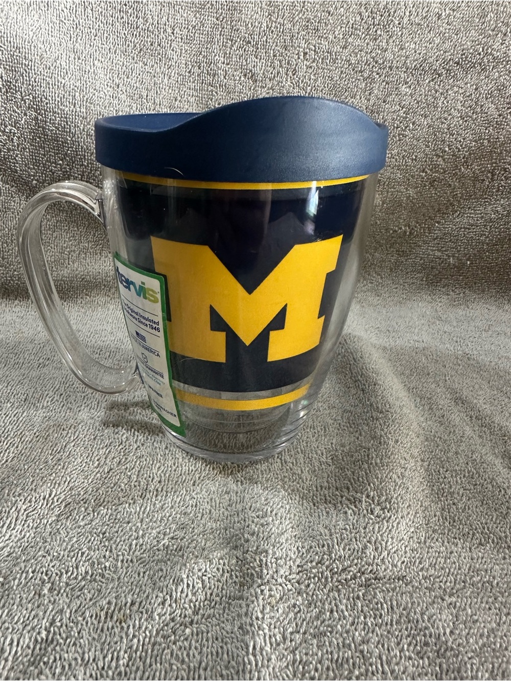 University Michigan Logo Clear Travel Mug with Navy Lid and Yellow Accent